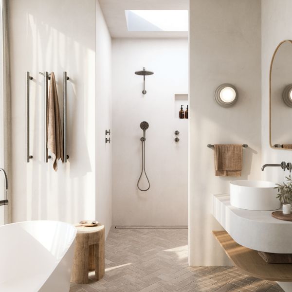 Modern Bathroom Design with Phoenix Vertical Rail Hook Round - Brushed Carbon