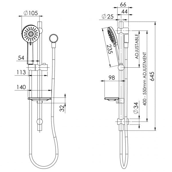 Phoenix Vivid Rail Shower - Brushed Carbon - Technical Drawing