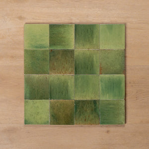 Sicily Giada Green Gloss Zellige Cushioned Edge Porcelain Tile 100x100mm