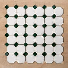 St Kilda Matt White Octagon with Green Dot Porcelain Period Mosaic Tile