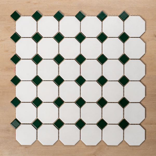 St Kilda Matt White Octagon with Green Dot Porcelain Period Mosaic Tile 97x97mm