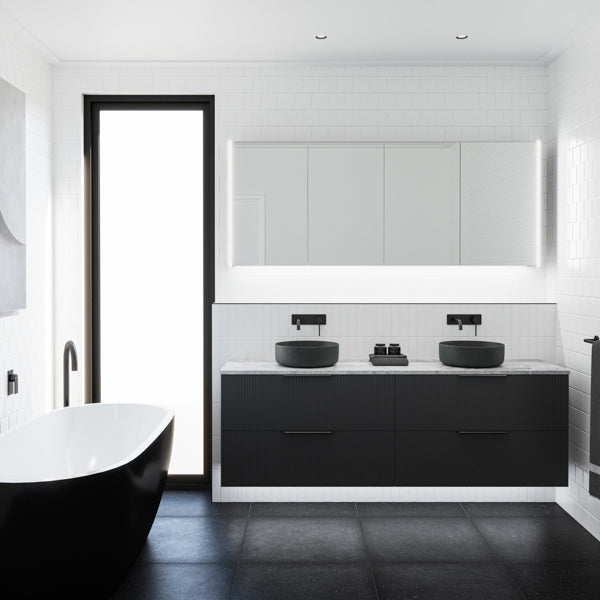 Timberline Denver 1800 Shaving Cabinet with Denver Side Lighting Kit. Pictured with Timberline Henley Black Satin 1800 Vanity with Washboard Routing