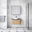 Timberline Santos Curved 750mm Vanity with Apollo fluted front in Oak woodgrain finish. Pictured in contemporary marble bathroom - The Blue Space
