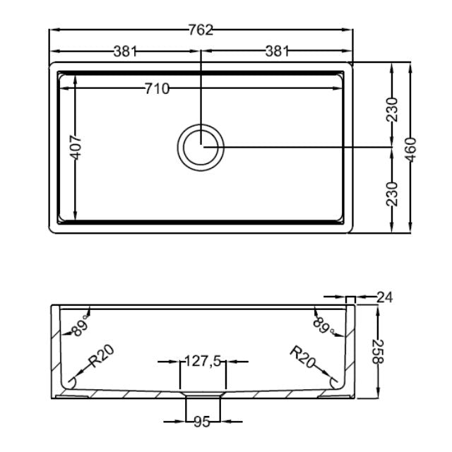 Technical Drawing Turner Hastings Cove 75 Fireclay Butler Sink - CV75FS - The Blue Space