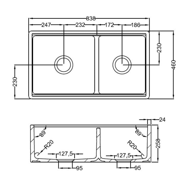 Technical Drawing Turner Hastings Cove 85 Fireclay Butler Sink - CV85FS - The Blue Space
