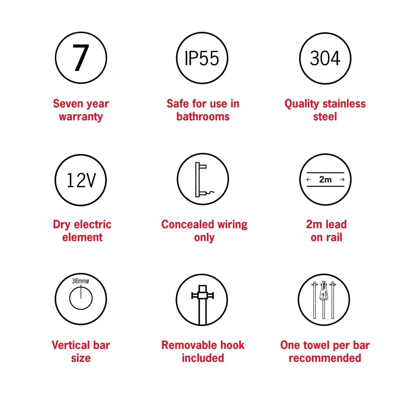 Features Thermogroup 12V Round Vertical Single Bar Heated Towel Rail Brushed Nickel VS900HBN - The Blue Space