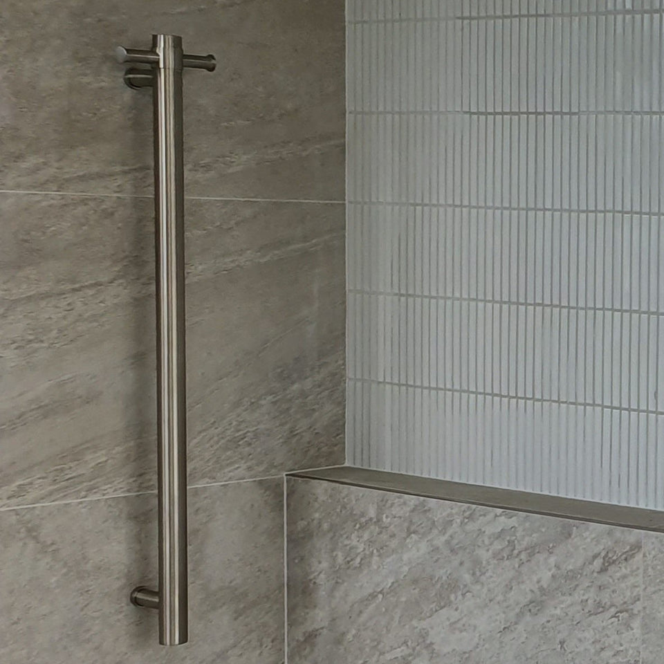 Thermogroup 12V Round Vertical Single Bar Heated Towel Rail Brushed Nickel
