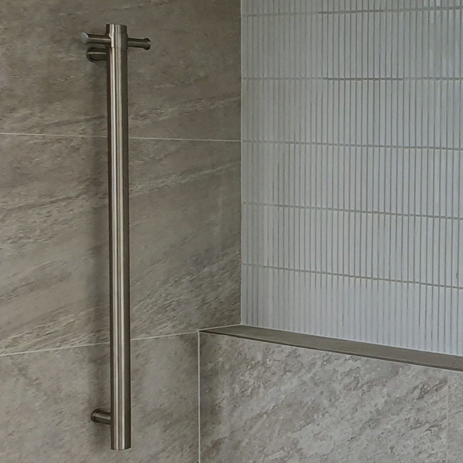 Main Thermogroup 12V Round Vertical Single Bar Heated Towel Rail Brushed Nickel VS900HBN - The Blue Space