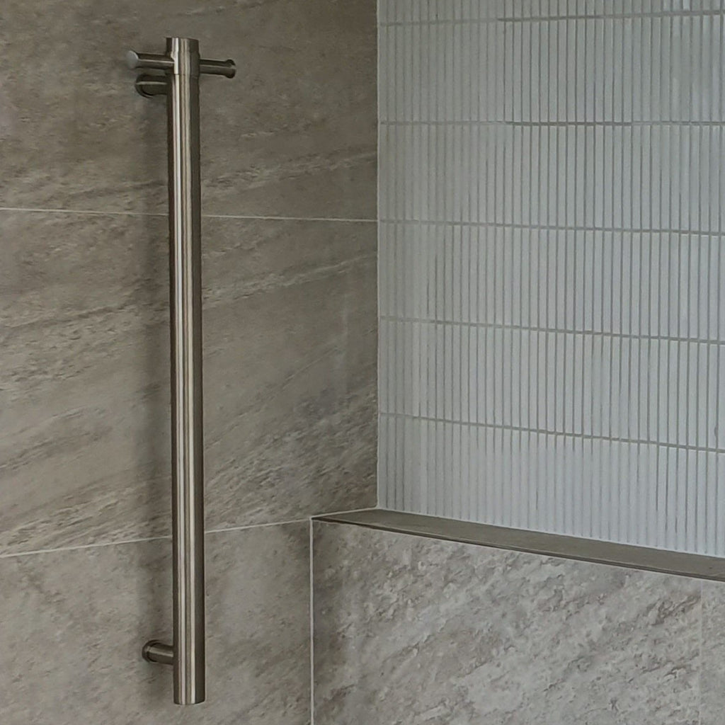 Thermogroup 12V Round Vertical Single Bar Heated Towel Rail Brushed Nickel - Image 1