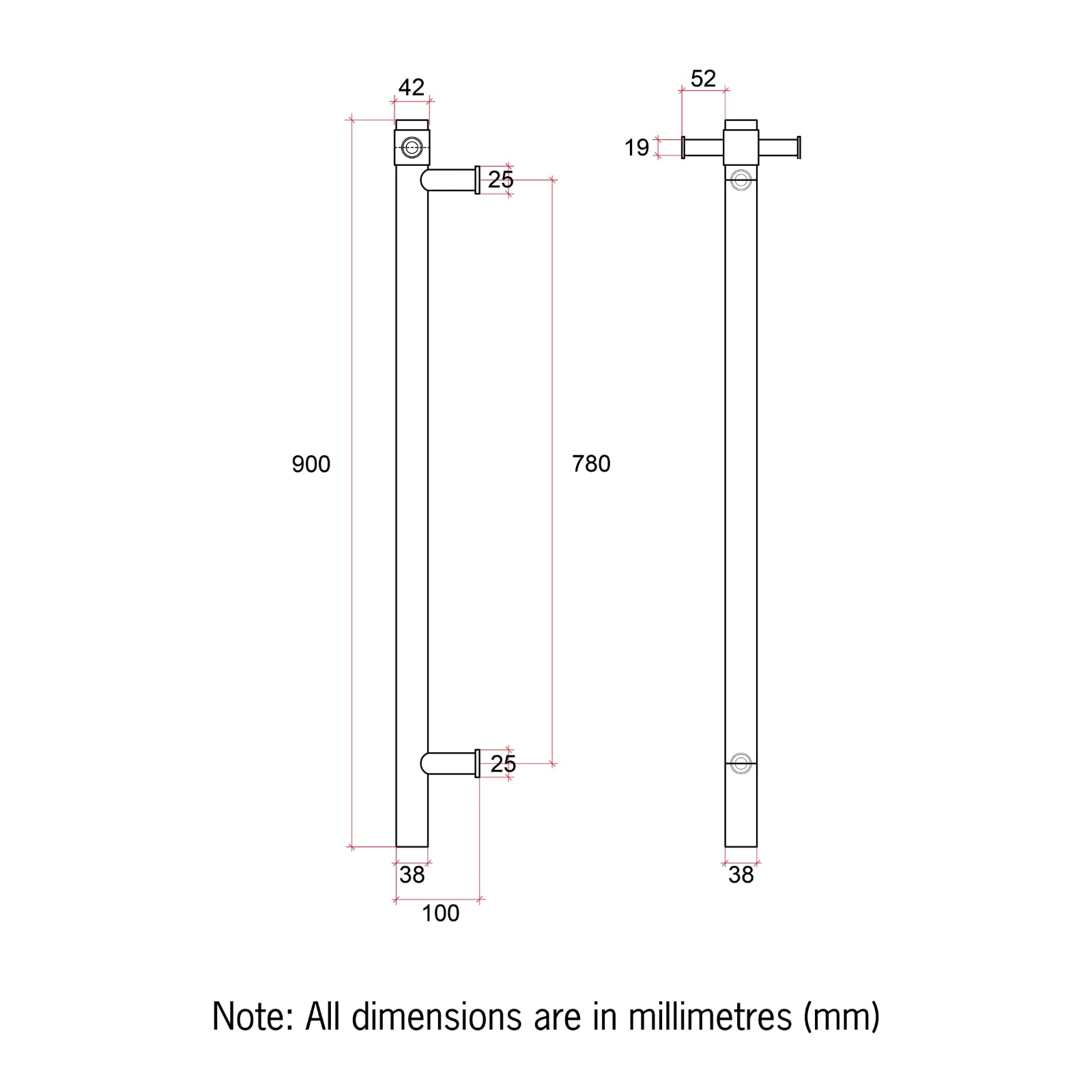 Technical Drawing Thermogroup 12V Round Vertical Single Bar Heated Towel Rail Brushed Nickel VS900HBN - The Blue Space