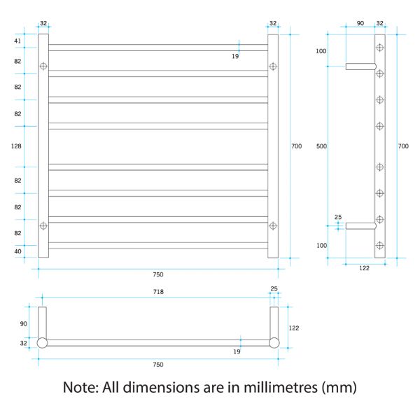 Technical Drawing; Thermogroup 8 Bar Thermorail Heated Towel Ladder 750x700x122