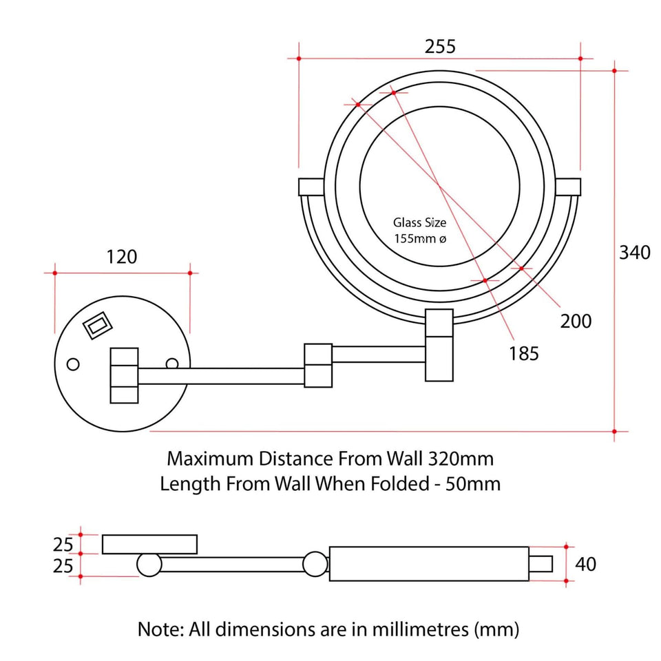 Thermogroup Ablaze 1 & 5x Magnification Wall Mounted Shaving Mirror - Matt Black, 200mm diametre with Concealed Wiring