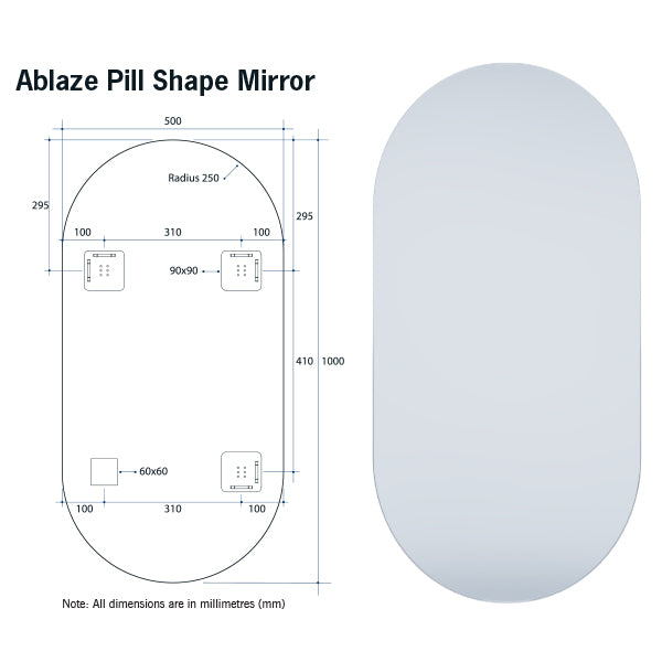 Thermogroup Pill Polished Edge Mirror Technical Drawing - The Blue Space