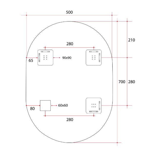 Technical Drawing Thermogroup Pill Shape Polished Edge Mirror with Hangers 500x700mm DP5070HN - The Blue Space