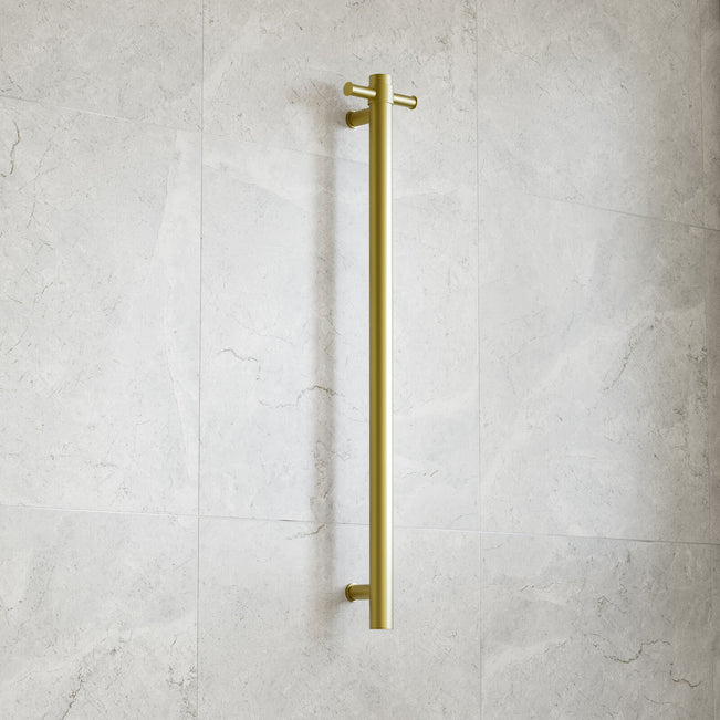 Thermogroup 12V Straight Round Vertical Single Bar Narrow/Small Heated Towel Rail Brushed Gold