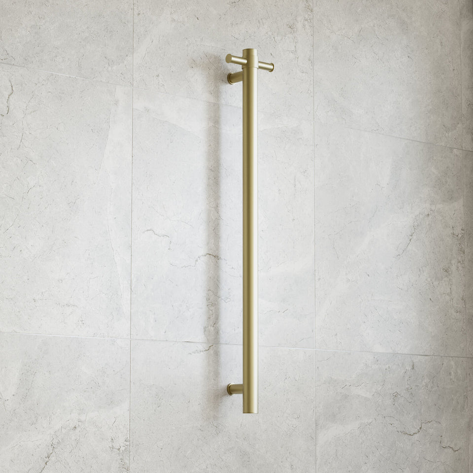 Thermogroup 12V Straight Round Vertical Single Bar Heated Towel Rail - Brushed Brass
