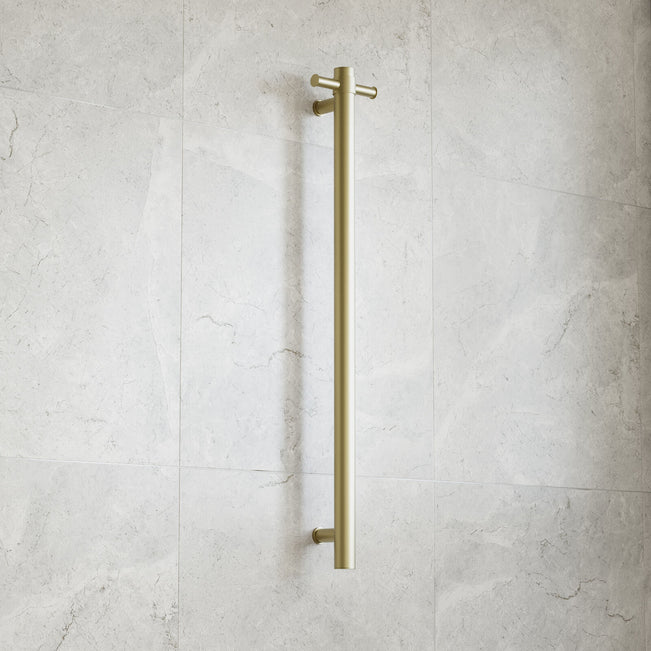 Thermogroup 12V Straight Round Vertical Single Bar Narrow/Small Heated Towel Rail Brushed Brass