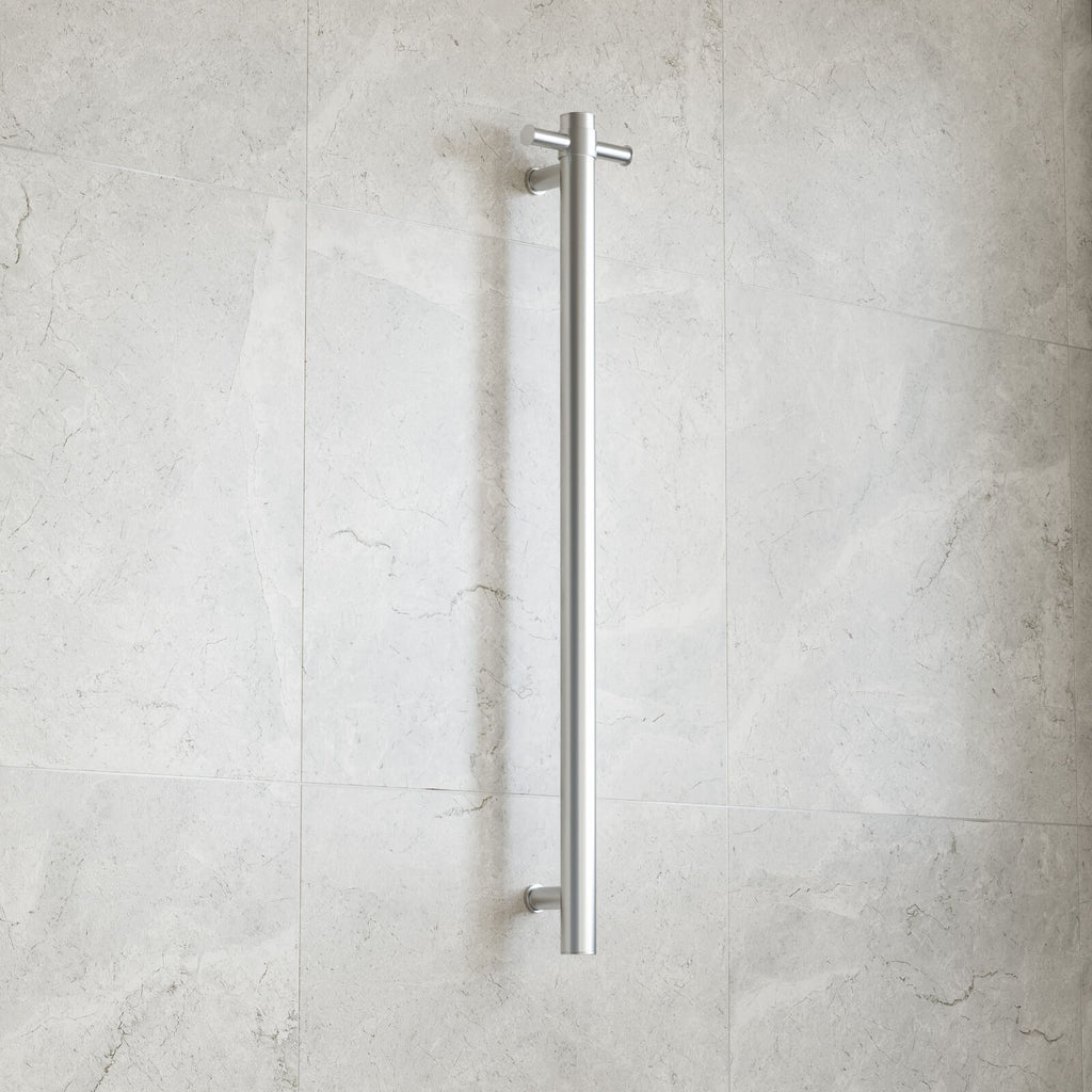 Thermogroup 12V Round Vertical Single Bar Heated Towel Rail Brushed Stainless - Image 1