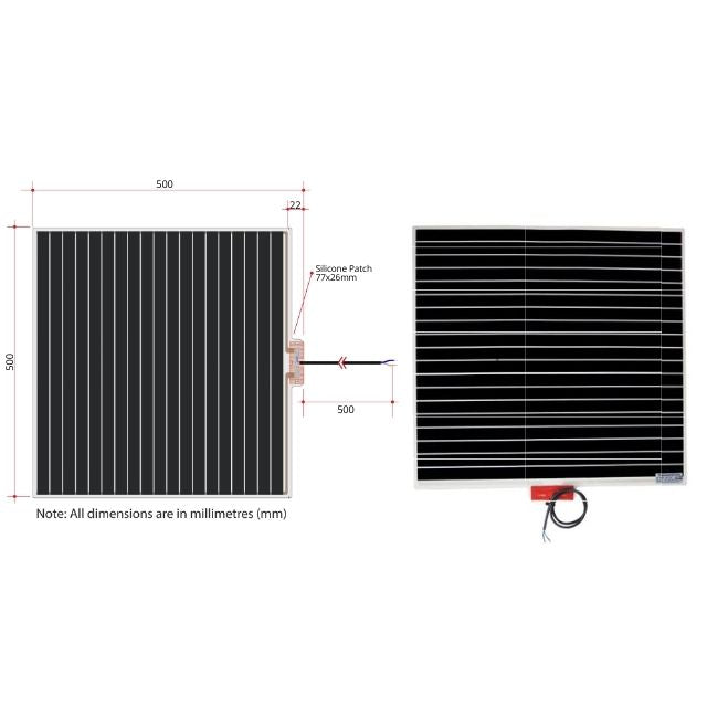 Technical Drawing Thermogroup Thermomirror Demister Pad 500x500mm TM5050 - The Blue Space