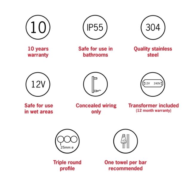 Features Thermogroup Thermorail Round/Triple Tube 12Volt Vertical Bar 900x75x100mm 27Watts VW900 - The Blue Space