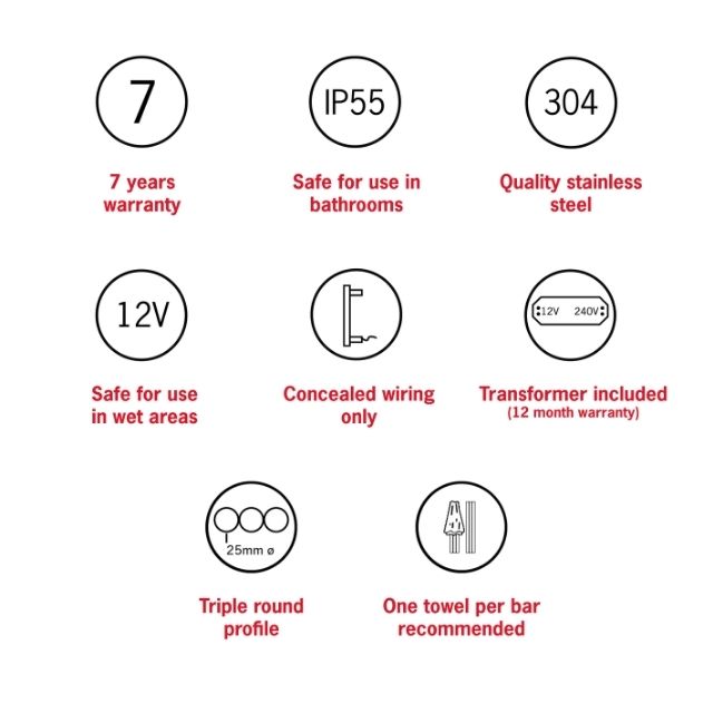 Features Thermogroup Thermorail Round/Triple Tube 12Volt Vertical Bar 900x75x100mm 39Watts - Matt Black VW900B - The Blue Space