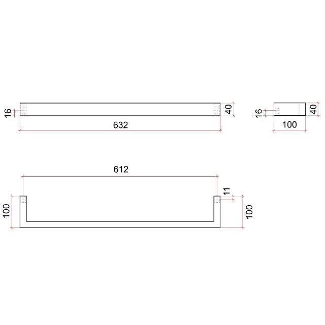 Technical Drawing Thermogroup Thermorail Square Single Rail 632x40x100mm 23Watts - Includes Transformer DSS6 - The Blue Space