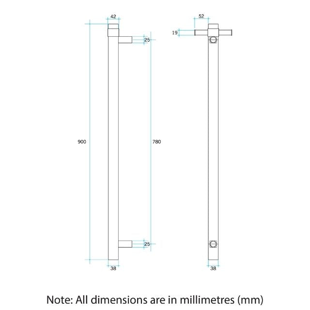 Technical Drawing Thermogroup Thermorail Straight/Round 12Volt Vertical Bar 900x142x100mm 26Watts With Optional Hook - Matt White VS900HMW - The Blue Space