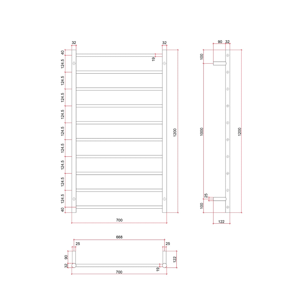 Thermogroup Thermorail Straight/Round 700x1200mm 10 Bars - Brushed Nickel