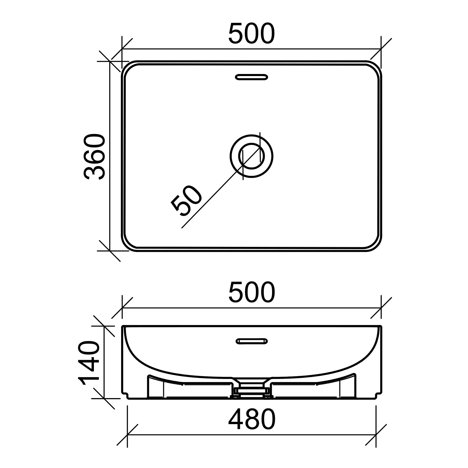 Technical Drawing Timberline August 500mm x 360mm Rectangular Above Counter Basin - White Gloss AUG-BS-500-WG-S - The Blue Space
