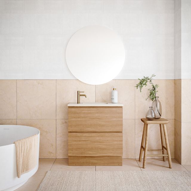 Timberline Billie Floor Standing Ensuite Vanity Elegant Oak Cabinet with Canvas Mist SilkSurface Top and White Gloss Mini Rectangle Undermount Ceramic Basin BIL-V-750-C-SSU-F | The Blue Space