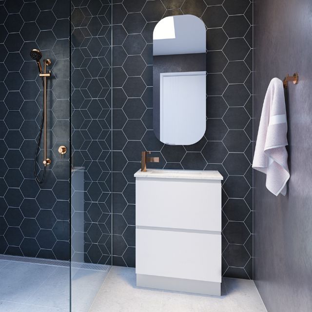 Timberline Billie Floor Standing Ensuite Vanity White Satin Cabinet with Cararra SilkSurface Top and White Gloss Mini Rectangle Undermount Ceramic Basin BIL-V-600-C-SSU-F | The Blue Space