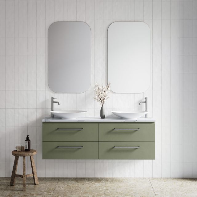 Timberline Billie Wall Hung Ensuite Vanity 1500mm Double Bowl with Olive Satin Cabinet Opalora SilkSurface Top and Feather Above Counter Ceramic Basins BIL-V-1500-D-SSA-W | The Blue Space
