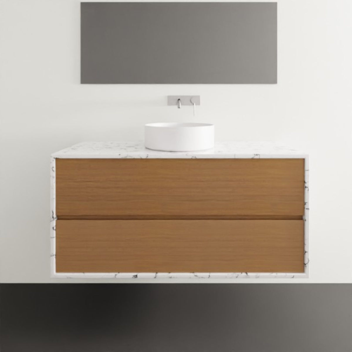 Timberline Embrace Wall Hung Vanity with SilkSurface Wraparound Top and Above Counter Basin 1200mm Centre Basin EMB-V-1200-C-SSA-W | The Blue Space