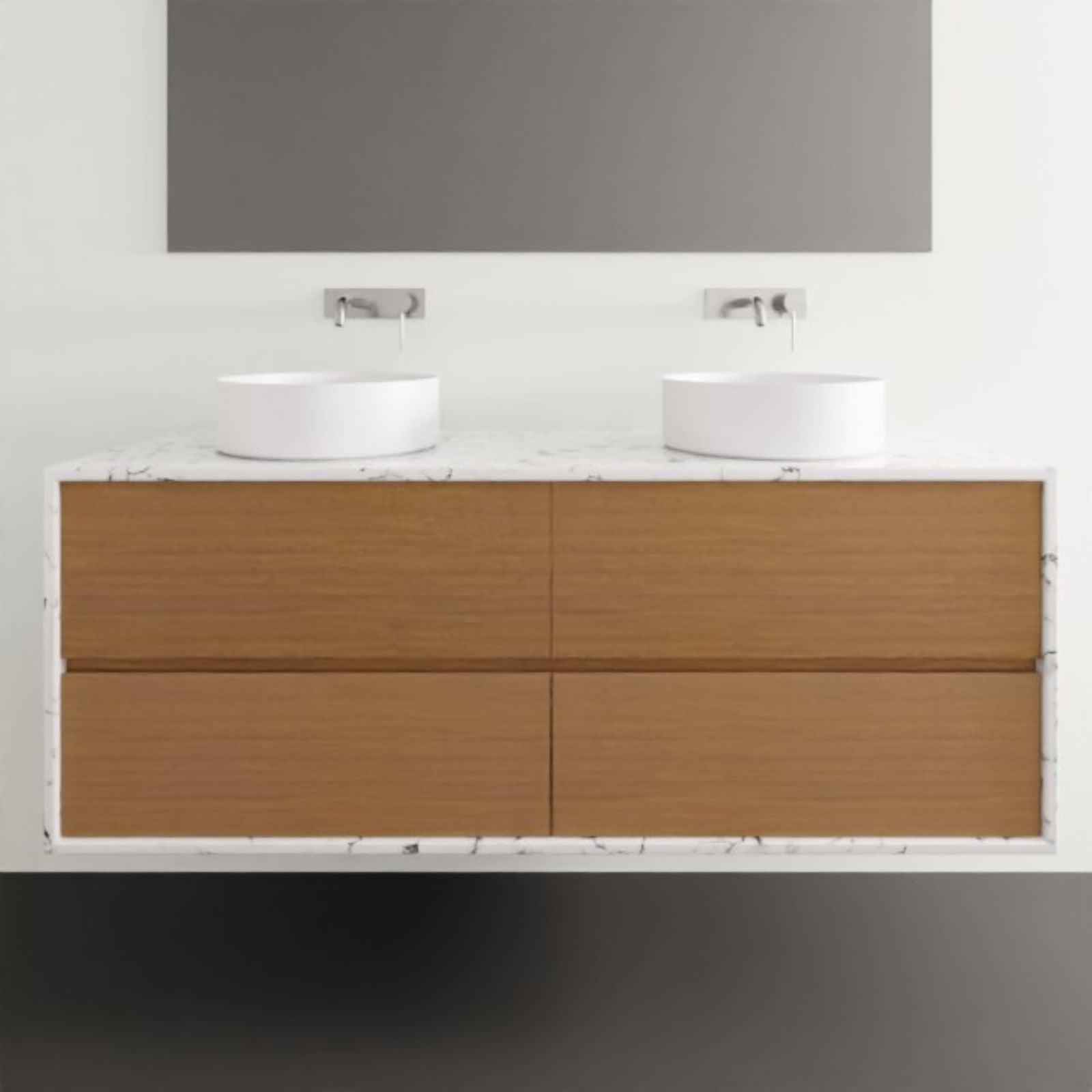 Timberline Embrace Wall Hung Vanity with SilkSurface Wraparound Top and Above Counter Basin 1500mm Double Basin EMB-V-1500-D-SSA-W | The Blue Space