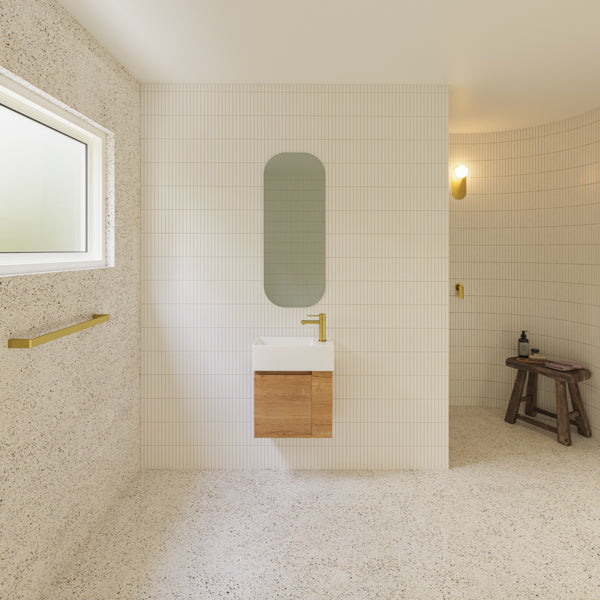 Timberline Frankie in warm modern contemporary bathroom with Timberline Jazz Arch Mirror - The Blue Space