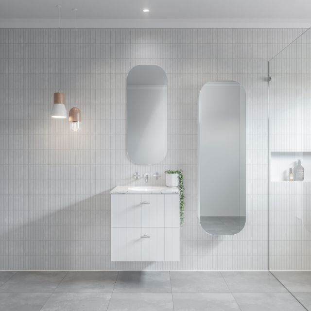 Timberline Henley Vertical Wall Hung Vanity With Under Counter Basin - 600mm Single Basin White Satin Cabinet with Stratiss SilkSurface Top and White Gloss Allure Under Counter Ceramic Basin HEN-V-600-C-SSU-W-VER | The Blue Space