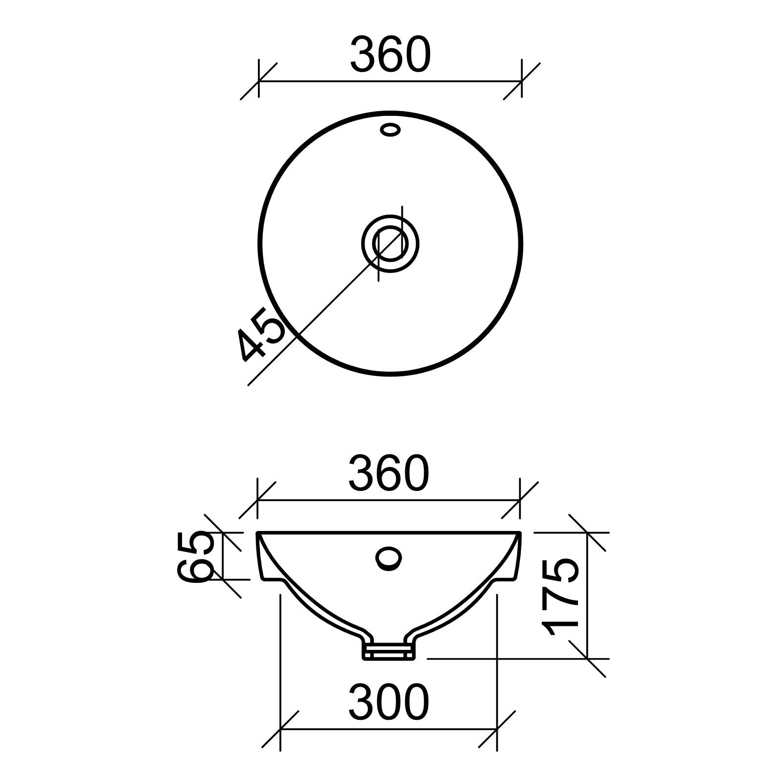 Technical Drawing Timberline Henry 360mm Round Above Counter Basin - White Gloss HEN-BS-360-WG-S - The Blue Space