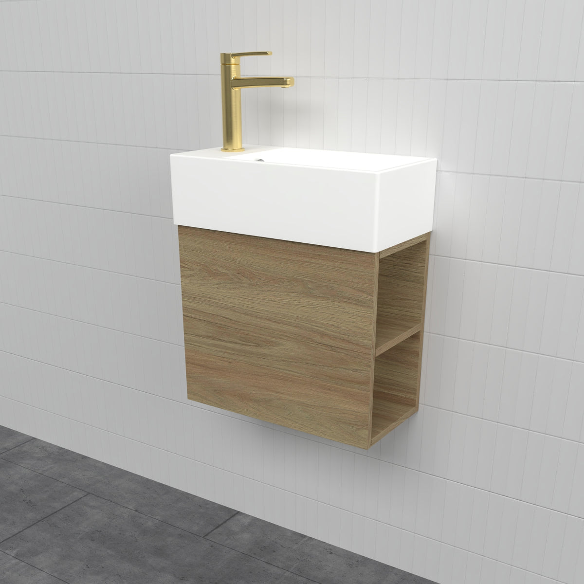 Timberline Lottie LOT-V-480-L-LIB-W 480mm wall hung vanity with brushed gold tap on the left and open shelving on the right
