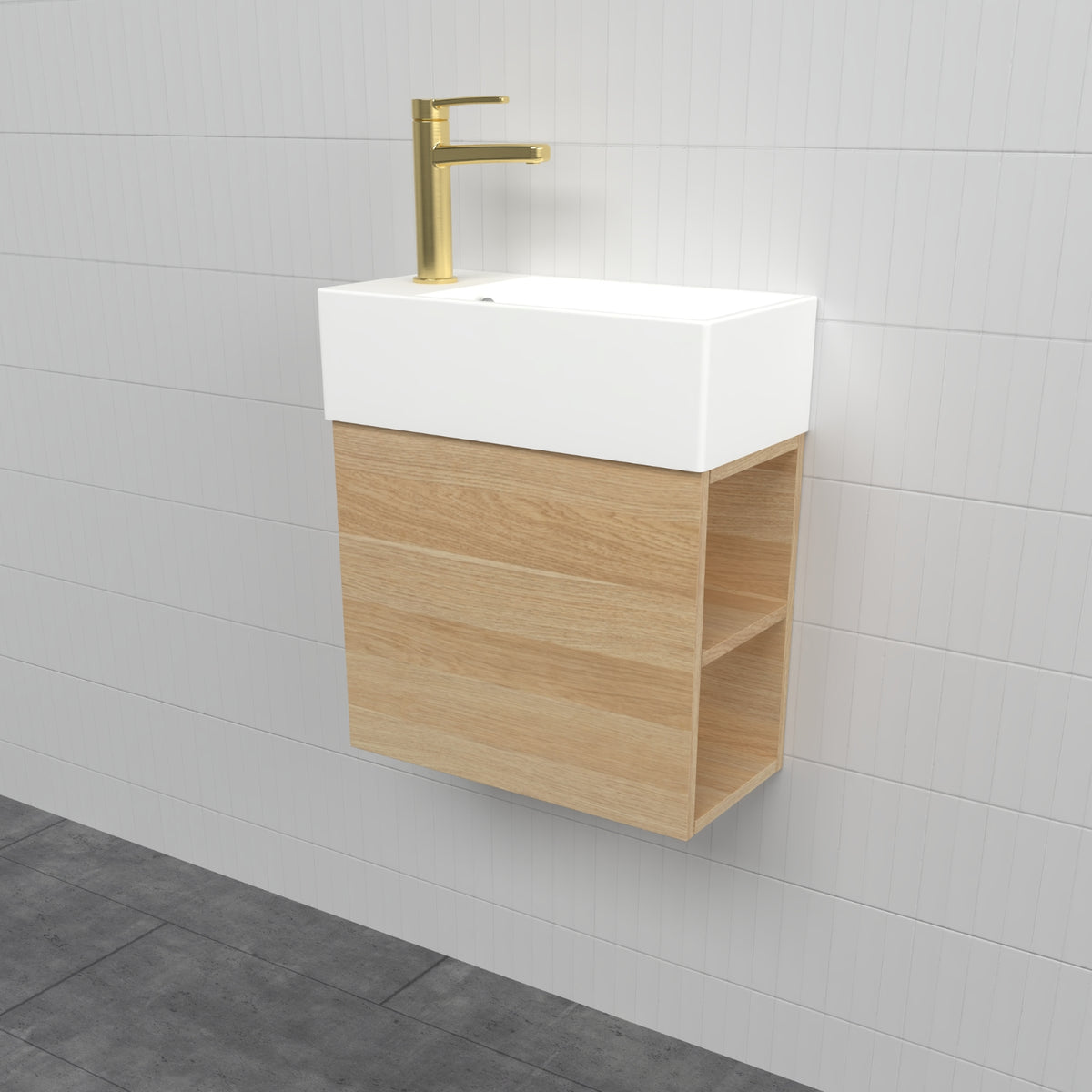 Side view of Timberline Lottie LOT-V-480-L-LIB-W 480mm wall hung vanity, left-hand brushed gold tap and right-side open shelves