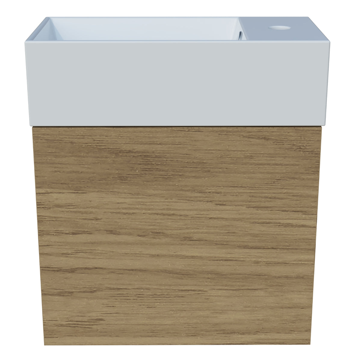 Front view of Timberline Lottie LOT-V-480-R-LIB-W 480mm wall hung vanity with right-hand tap and left-side shelves