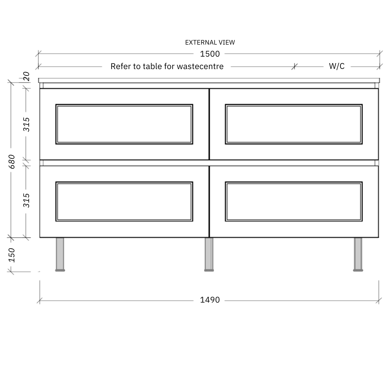 Timberline Nevada Plus Classic Floor Standing Vanity on Legs with SilkSurface Top and Above Counter Basin 1500mm Right Bowl NVPC-V-1500-R-SSA-L | The Blue Space