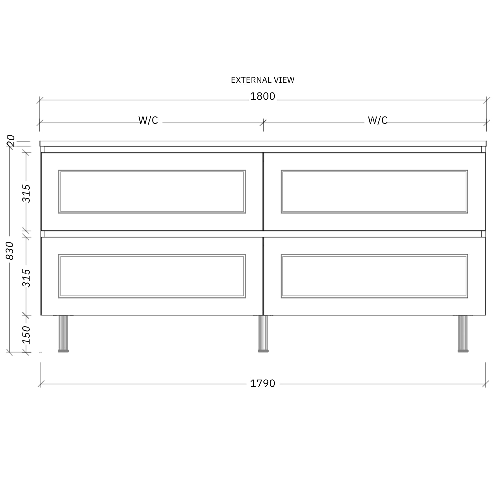 Timberline Nevada Plus Classic Floor Standing Vanity on Legs with SilkSurface Top and Above Counter Basin 1800mm Centre Bowl NVPC-V-1800-C-SSA-L | The Blue Space