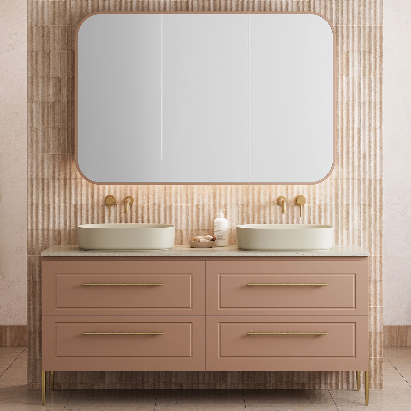 Timberline Nevada Plus Classic Floor Standing Vanity on Legs with SilkSurface Top and Above Counter Basin 1800mm Double Bowl Lifestyle NVPC-V-1800-D-SSA-L | The Blue Space