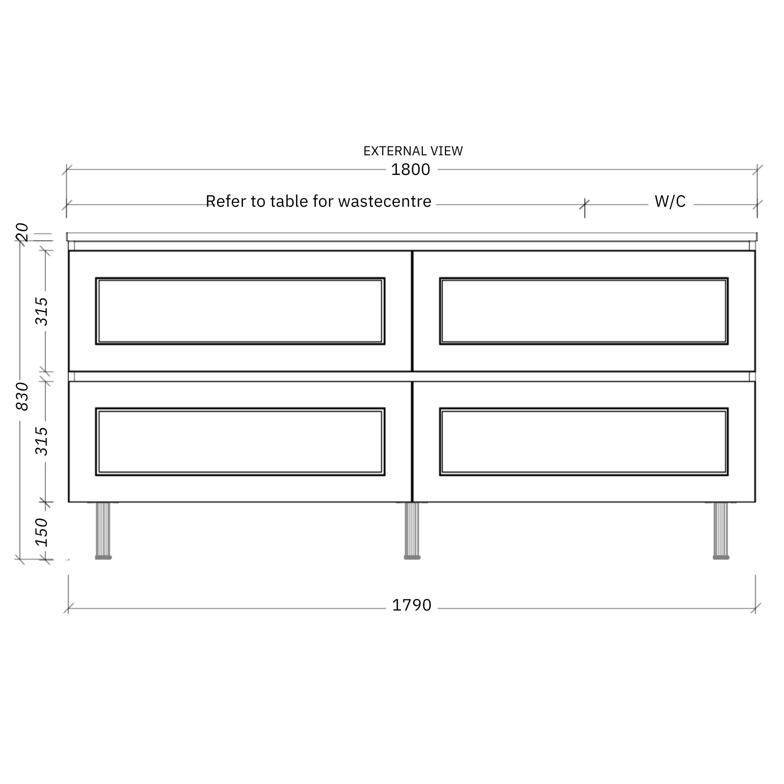 Timberline Nevada Plus Classic Floor Standing Vanity on Legs with SilkSurface Top and Above Counter Basin 1800mm Right Bowl NVPC-V-1800-R-SSA-L | The Blue Space
