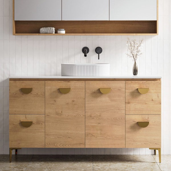 Timberline Nevada Floor Standing Vanity with Brushed Gold Arrow Legs in Planked Urban Woodgrain with Star Dust Silksurface benchtop and Oval Flute basin - The Blue Space