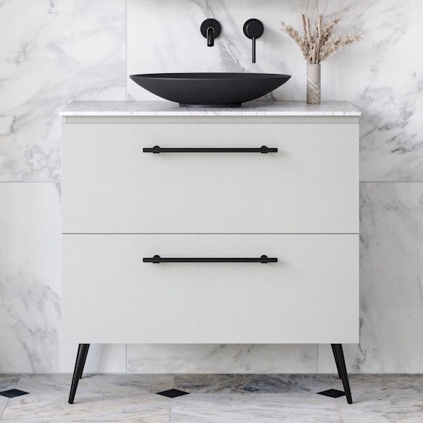 Timberline Nevada Plus 900mm Vanity on Black Angled Legs. Light Grey Satin cabinet with Stratiss Silksurface top and Black Duke Handles - The Blue Space