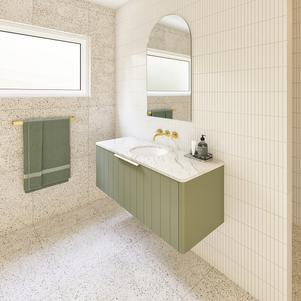 Timberline Saba Wall Hung Vanity With Under Counter Basin 1200mm in modern bathroom design - side view closed drawer - The Blue Space