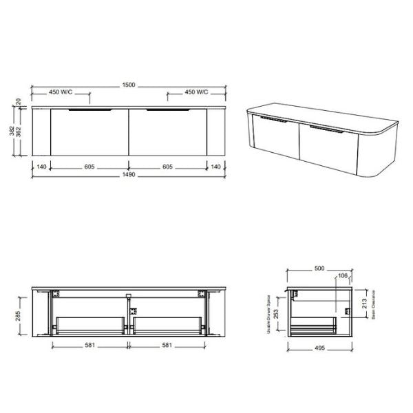 Timberline Santos 1500mm Double Vanity Technical Drawings - The Blue Space