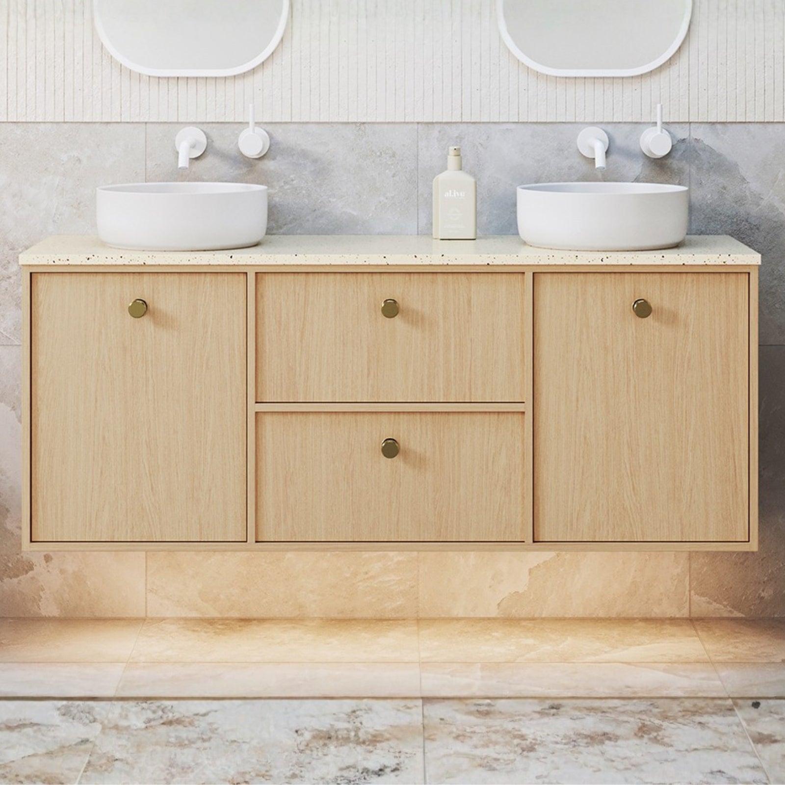 lifestyle Timberline Takano Wall Hung Vanity with SilkSurface Top and Above Counter Basin TAK-V-1500-D-SSA-W-The Blue Space