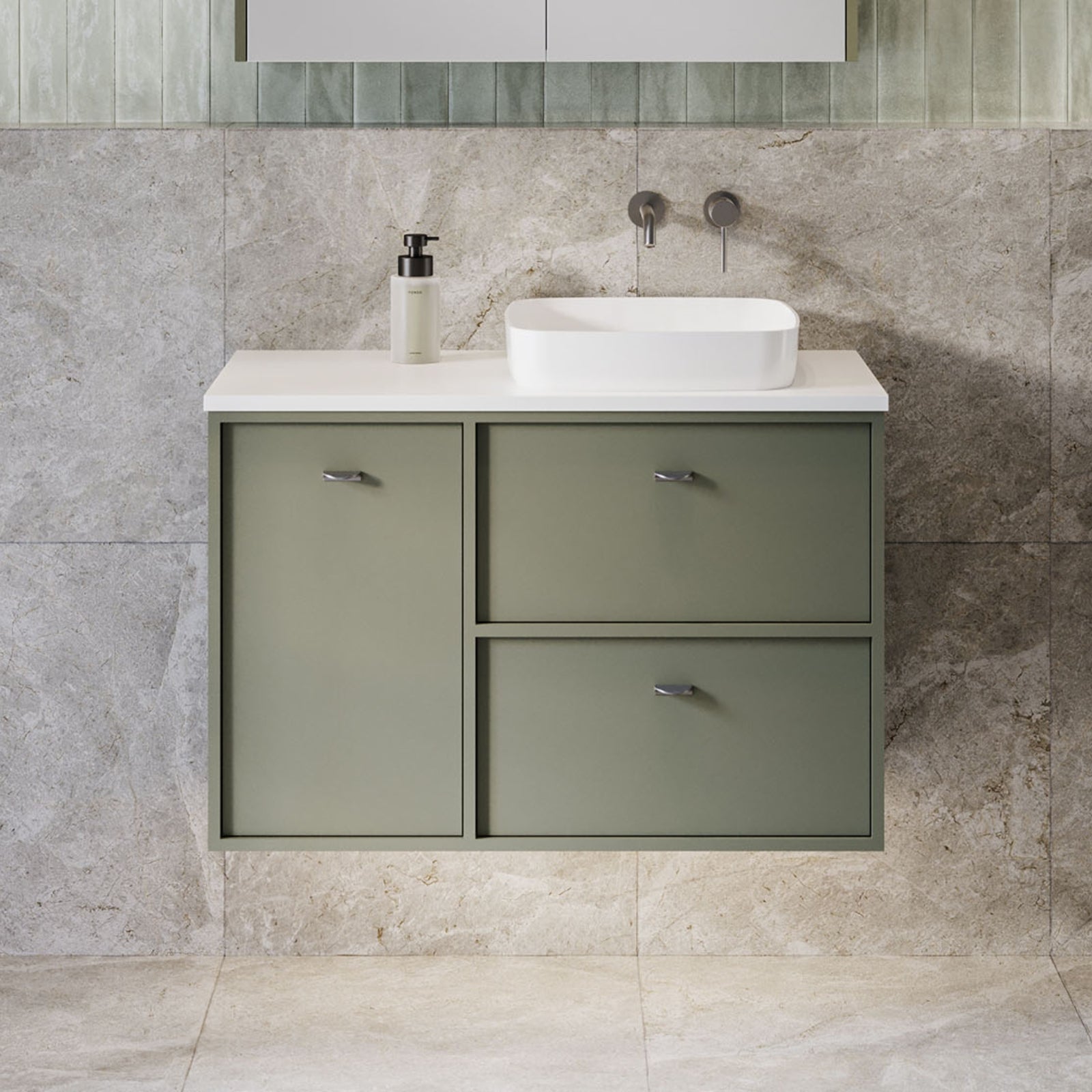 lifestyle Timberline Takano Wall Hung Vanity with SilkSurface Top and Above Counter Basin TAK-V-900-R-SSA-W-The Blue Space